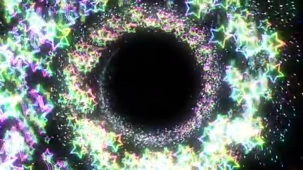 虹の星が落ちる 輝く明るい星 抽象的な虹のパターン 黒の背景 — ストック動画