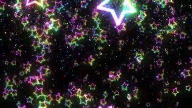 Gökkuşağı yıldızları düşüyor. Parlak parlak yıldız. Multicolor. Soyut gökkuşağı deseni. Siyah arka plan. Döngü animasyonu.