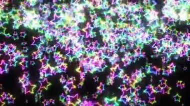 Gökkuşağı yıldızları düşüyor. Parlak parlak yıldız. Multicolor. Soyut gökkuşağı deseni. Siyah arka plan. Döngü animasyonu.