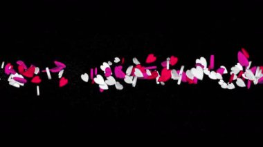 Kalpler siyah arka planda uçan. Kırmızı ve beyaz şeker. Sevgililer günü döngü animasyonu.