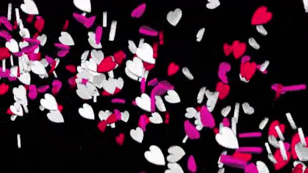 Καρδιές Που Πετούν Στο Μαύρο Φόντο Κόκκινα Και Άσπρα Γλυκά — Αρχείο Βίντεο