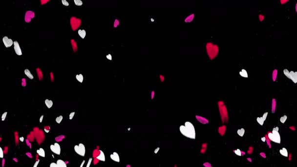 Καρδιές Που Πετούν Στο Μαύρο Φόντο Κόκκινα Και Άσπρα Γλυκά — Αρχείο Βίντεο