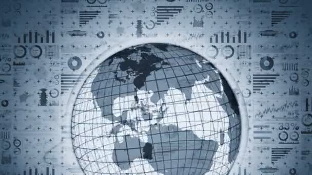 Земной Шар Технологией Бизнес Графов Концепция Успеха Бизнеса Диаграммы Графики — стоковое видео
