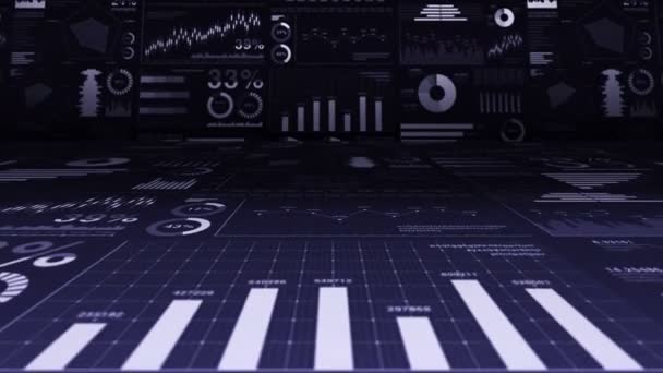 Diagrammes à barres financières et graphiques croissants. Infographie d'entreprise avec profondeur de champ sur fond bleu foncé. Succès, croissance ou progrès des entreprises concepts. Animation en boucle .