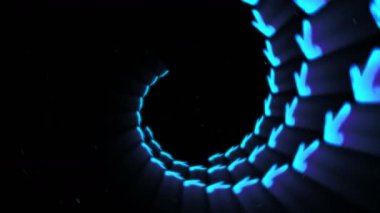 Mavi parlayan neon ok. Uçan fütüristik modern oklar. İletişim teknolojisi ışıklı tünel. Döngü animasyonu.