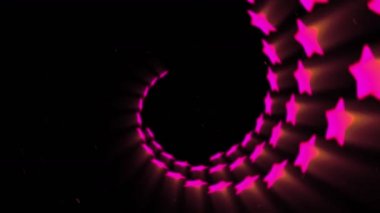 Kırmızı neon yıldız şekli. Parlayan çizgiler. Sanal gerçeklik tüneli. Uçan fütüristik modern yıldızlar. Döngü animasyonu.