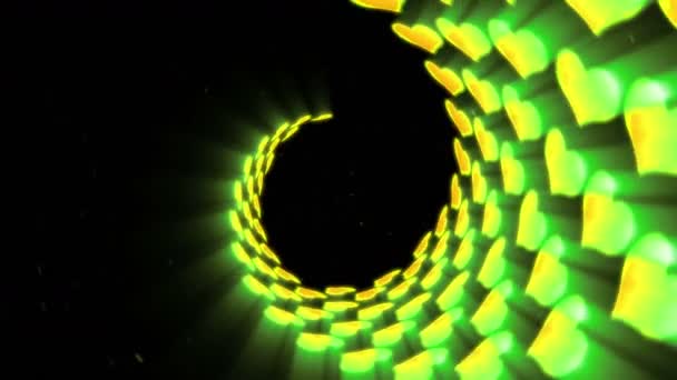 黄色心形循环动画 发光的霓虹灯心的剪影 飞行未来派现代心 黄色鲜艳的色彩 — 图库视频影像