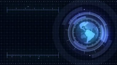 Sanal ekranda dünya gezegeni hologramı. Fütüristik kullanıcı arayüzü Hud. Oyun kontrol hedef elemanı. Teknolojik neon dijital dünya. Gelecek radar ekranı.