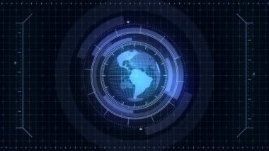 Sanal ekranda dünya gezegeni hologramı. Fütüristik kullanıcı arayüzü Hud. Oyun kontrol hedef elemanı. Teknolojik neon dijital dünya. Gelecek radar ekranı.