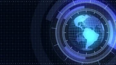 Sanal ekranda dünya gezegeni hologramı. Fütüristik kullanıcı arayüzü Hud. Oyun kontrol hedef elemanı. Teknolojik neon dijital dünya. Gelecek radar ekranı.