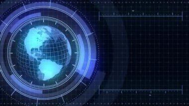 Sanal ekranda dünya gezegeni hologramı. Fütüristik kullanıcı arayüzü Hud. Oyun kontrol hedef elemanı. Teknolojik neon dijital dünya. Gelecek radar ekranı.