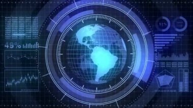 Sanal ekranda dünya gezegeni hologramı. Fütüristik kullanıcı arayüzü Hud. Oyun kontrol hedef elemanı. Teknolojik neon dijital dünya. Gelecek radar ekranı.