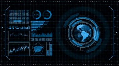 Sanal ekranda dünya gezegeni hologramı. Fütüristik kullanıcı arayüzü Hud. Oyun kontrol hedef elemanı. Teknolojik neon dijital dünya. Gelecek radar ekranı.
