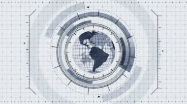 Sanal ekranda dünya gezegeni hologramı. Fütüristik kullanıcı arayüzü Hud. Oyun kontrol hedef elemanı. Teknolojik tek renkli dijital dünya. Gelecek radar ekranı.