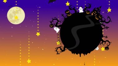 Copyspace ile Halloween illüstrasyon. Yaratıcı tasarım için erimiş alan. Cadılar Bayramı döngü animasyon sıvı damla akar. Mistik balkabakları, hayalet ve ormanda kale. Uçan siyah yarasalar.