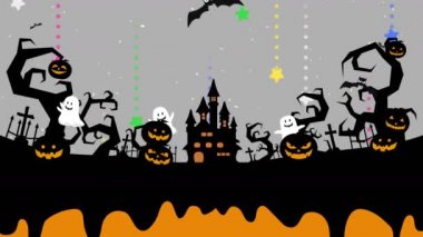 Copyspace ile Halloween illüstrasyon. Yaratıcı tasarım için erimiş alan. Cadılar Bayramı döngü animasyon sıvı damla akar. Mistik balkabakları, hayalet ve ormanda kale. Uçan siyah yarasalar.