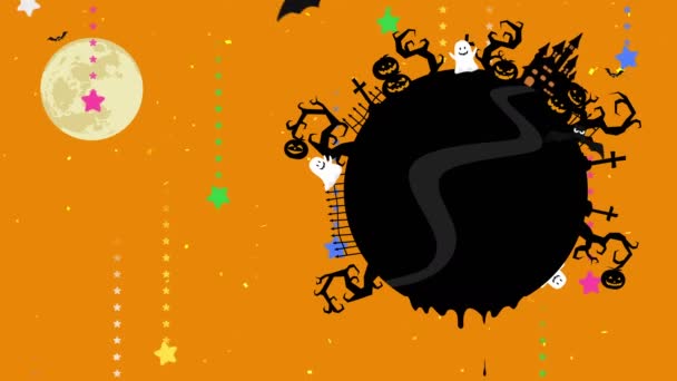 コピースペース付きのハロウィーンのイラスト クリエイティブなデザインのための溶けた空間 液体ドロップは ハロウィーンループアニメーション上で流れます 森の中の神秘的なカボチャ 幽霊や城 黒いコウモリが飛ぶ — ストック動画