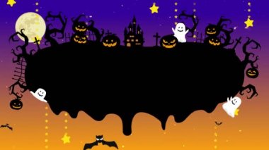 Copyspace ile Halloween illüstrasyon. Yaratıcı tasarım için erimiş alan. Cadılar Bayramı döngü animasyon sıvı damla akar. Mistik balkabakları, hayalet ve ormanda kale. Uçan siyah yarasalar.