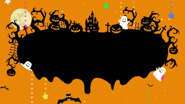 Halloween illusztráció a copyspace. Olvasztott hely a kreatív tervezés. Folyékony csepp folyik a Halloween hurok animáció. Misztikus tök, kísértet és vár az erdőben. Repülő fekete denevérek.