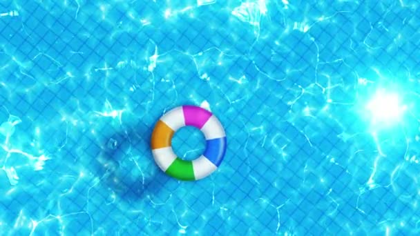 Aerial View Swimming Pool Colorful Inflatable Ring Donut Toy Relaxation — Stock Video