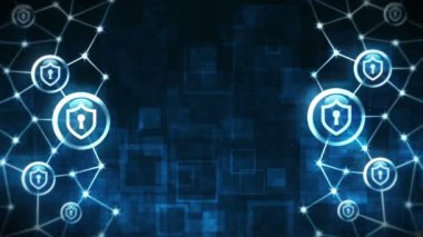 Güvenlik kilidi ikonlu kalkan güvenliği. İnternet bağlantısı. Güvenlik duvarı, şifre, koruma. Mahremiyet işareti yüzüyor. Noktaları ve çizgileri birleştiren çokgen boşluk. Kablo çerçeve çokgen ve simge.