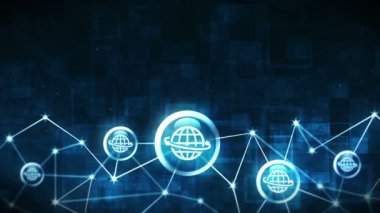 Dünya simgelerinin yüzdüğü sunucu veri alanı. İnternet bağlantısı yapısı. Uluslararası iletişim. İş kavramı. Noktaları ve çizgileri birleştiren çoklu uzay. Kablo çerçeve çokgen ve simge.