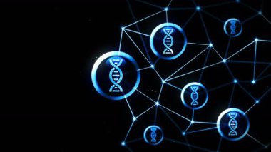 Yüzen DNA simgeleriyle biyoteknoloji araştırması. Biyoloji gen sembolü. Yaşam evrimi işaretleri. Noktaları ve çizgileri birleştiren çokgen uzay. Kablo çerçeve çokgen ve simge.