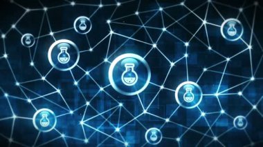 Sıvı ile yuvarlak şişe. Kimya deney şişesi simgeleri yüzüyor. Tıp ve Kimyasal bağlantı. Noktaları ve çizgileri birleştiren çokgen uzay. Kablo çerçeve çokgen ve simge.