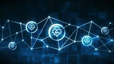 Kalp atışı simgeleri yüzen bir kalp. Elektro kardiyogram. Ecg. İletişim bağlantısı. Nabzı atan kalp. Kalp atış hızı. Noktaları ve çizgileri birleştiren çokgen uzay. Kablo çerçeve çokgen ve simge.
