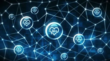 Kalp atışı simgeleri yüzen bir kalp. Elektro kardiyogram. Ecg. İletişim bağlantısı. Nabzı atan kalp. Kalp atış hızı. Noktaları ve çizgileri birleştiren çokgen uzay. Kablo çerçeve çokgen ve simge.