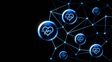 Kalp atışı simgeleri yüzen bir kalp. Elektro kardiyogram. Ecg. İletişim bağlantısı. Nabzı atan kalp. Kalp atış hızı. Noktaları ve çizgileri birleştiren çokgen uzay. Kablo çerçeve çokgen ve simge.