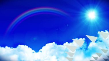 Mavi gökyüzünde bulutlar ve gökkuşağı ile uçan beyaz kağıt uçağın animasyonu. İş mi, yenilik mi? İş mektupları. El yapımı origami uçak..