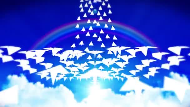 Animatie Van Stromend Wit Papieren Vliegtuig Blauwe Lucht Met Wolken — Stockvideo