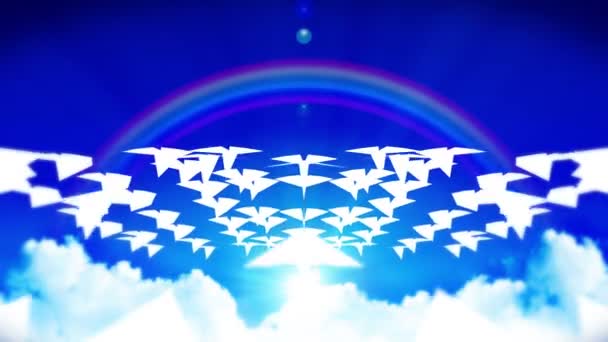 Animation Flowing White Paper Plane Blue Sky Clouds Rainbow Business — Stock Video