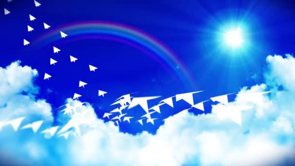 Mavi Gökyüzünde Bulutlar Gökkuşağı Ile Uçan Beyaz Kağıt Uçağın Animasyonu — Stok video