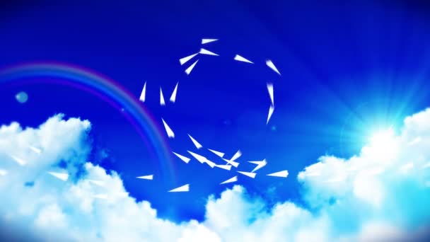 Animazione Fluente Piano Carta Bianca Cielo Blu Con Nuvole Arcobaleno — Video Stock