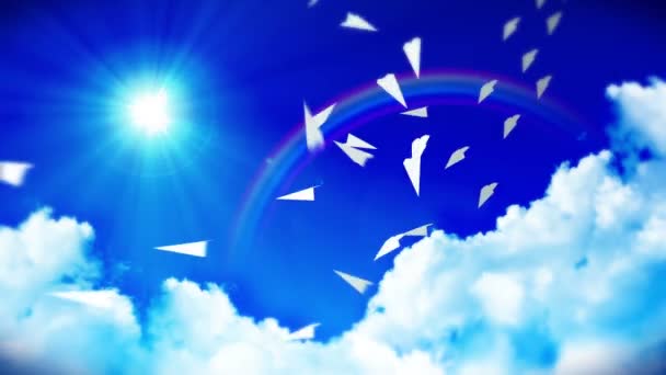 Animación Plano Papel Blanco Cielo Azul Con Nubes Arco Iris — Vídeo de stock