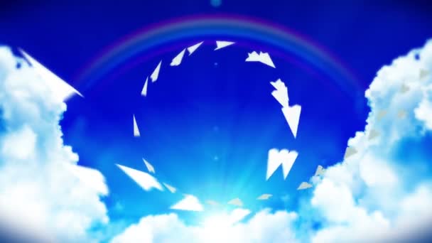 Animación Plano Papel Blanco Cielo Azul Con Nubes Arco Iris — Vídeo de stock