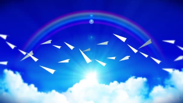 Animation Flowing White Paper Plane Blue Sky Clouds Rainbow Business — ストック動画