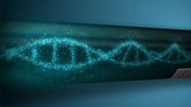 Test tüpündeki DNA molekülü. Genetiğin sembolü olarak DNA sarmalı. Test ekipmanları. Tıp ve teknoloji kavramı. Döngü canlandırması.