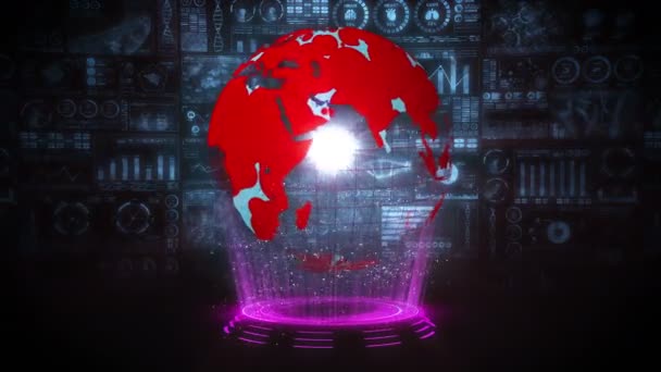 感染症の流行 感染の赤い点を持つ世界的な地球 デジタルデータグラフの医療ホログラム要素 感染制御 ウイルスを治す ループアニメーション — ストック動画