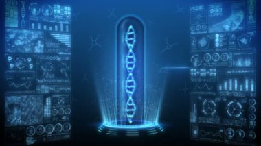 DNA sarmalı molekül döngüsü animasyonu. DNA kromozomu konsepti. Dijital veri grafiğinin hologram elemanları. Tıbbi Bilgiler. Yüksek teknoloji gelecek tasarımı.