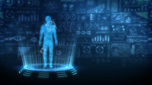 Человек Виртуальное Тело Анимация Человеческой Медицинской Голограммы График Диаграмма Инфо — стоковое видео