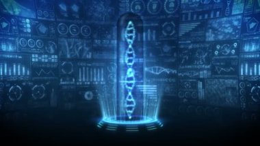 DNA sarmalı molekül döngüsü animasyonu. DNA kromozomu konsepti. Dijital veri grafiğinin hologram elemanları. Tıbbi Bilgiler. Yüksek teknoloji gelecek tasarımı.