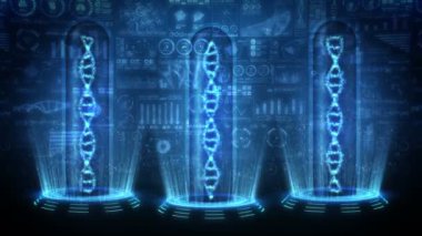 DNA sarmalı molekül döngüsü animasyonu. DNA kromozomu konsepti. Dijital veri grafiğinin hologram elemanları. Tıbbi Bilgiler. Yüksek teknoloji gelecek tasarımı.