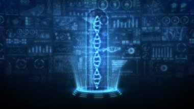 DNA sarmalı molekül döngüsü animasyonu. DNA kromozomu konsepti. Dijital veri grafiğinin hologram elemanları. Tıbbi Bilgiler. Yüksek teknoloji gelecek tasarımı.