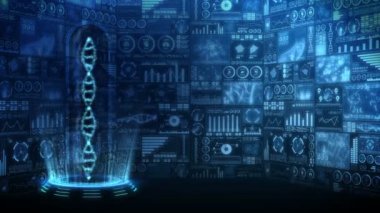 DNA sarmalı molekül döngüsü animasyonu. DNA kromozomu konsepti. Dijital veri grafiğinin hologram elemanları. Tıbbi Bilgiler. Yüksek teknoloji gelecek tasarımı.