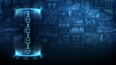 DNA sarmalı molekül döngüsü animasyonu. DNA kromozomu konsepti. Dijital veri grafiğinin hologram elemanları. Tıbbi Bilgiler. Yüksek teknoloji gelecek tasarımı.