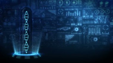 DNA sarmalı molekül döngüsü animasyonu. DNA kromozomu konsepti. Dijital veri grafiğinin hologram elemanları. Tıbbi Bilgiler. Yüksek teknoloji gelecek tasarımı.