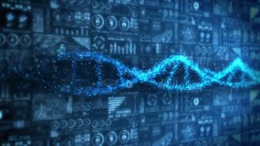 DNA sarmalı molekül döngüsü animasyonu. DNA kromozomu konsepti. Dijital veri grafiğinin hologram elemanları. Tıbbi Bilgiler. Yüksek teknoloji gelecek tasarımı.